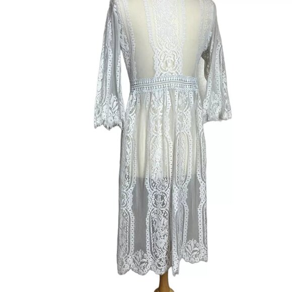 Lace Cover Up White M Fringe Bell Half Sleeve Long Embroidered Boho Hippie Beach - Picture 4 of 8